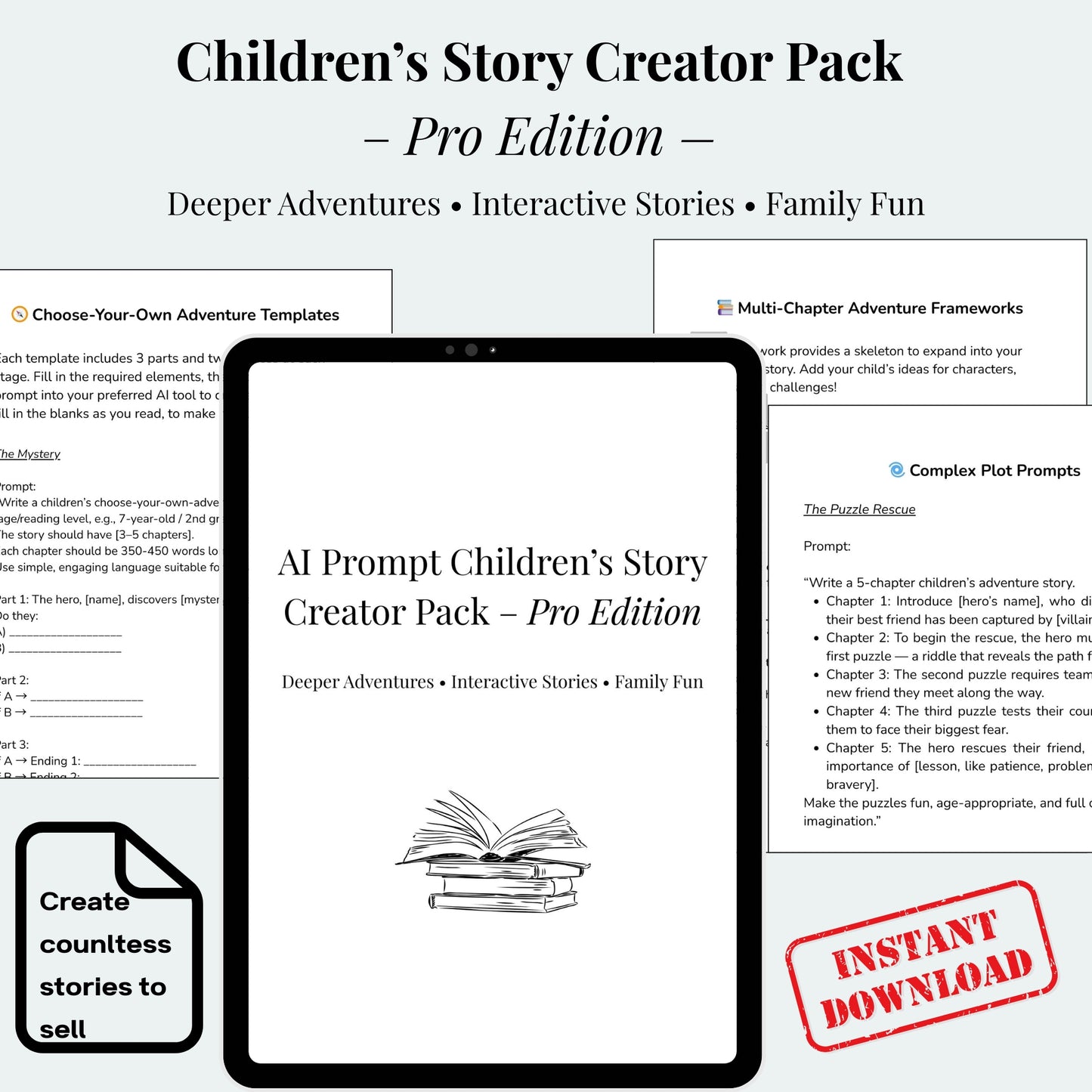 Children’s Story Creator Pro Pack | AI Prompts for Writing Kids Chapter Stories, Complex Plots & Interactive Adventures | Digital Download